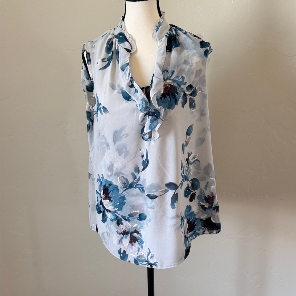 White House Black Market Sleeveless Ruffled V-Neck Floral Top in Light Blue